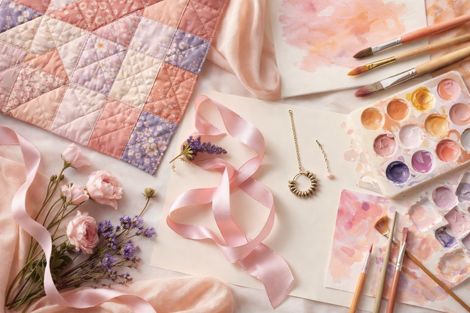 Editorial flat-lay of silk ribbons, dried flowers and handmade jewelry